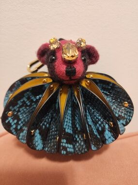 Burberry Teal and Gold Bear Bag Charm with Snakeskin Fan
